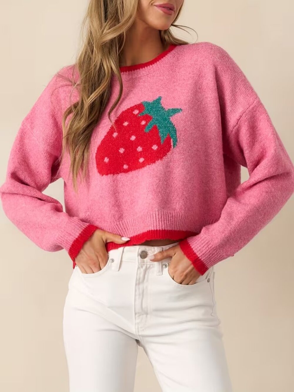 Strawberry Jacquard Contrast Trim Sweater